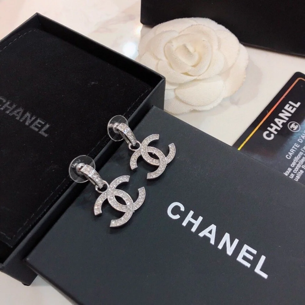 CHANEL Silver Crystal CC Drop Earrings - Picture 3 of 4